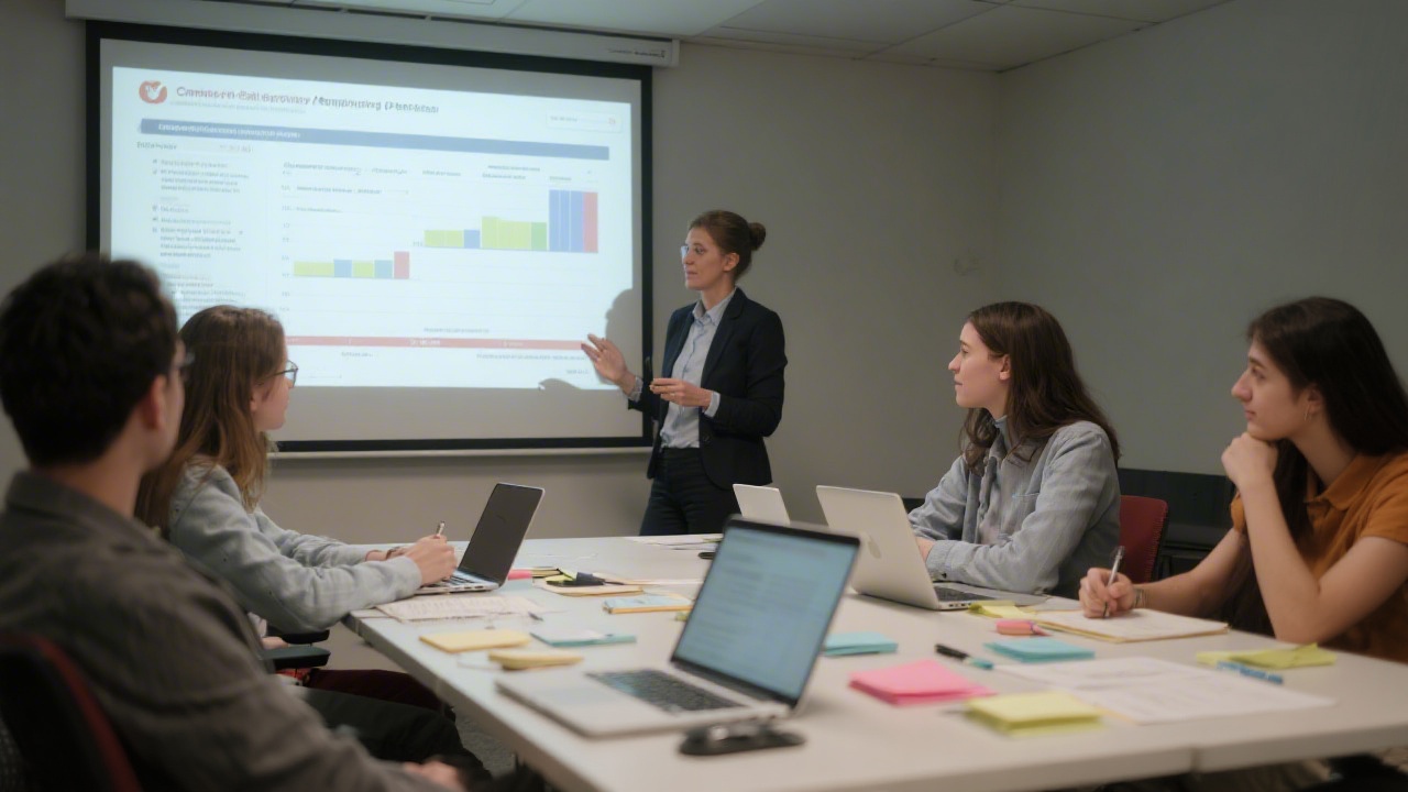 Students and facilitator reviewing a campaign performance report together on a projector screen, with notes and laptops open for active discussion.