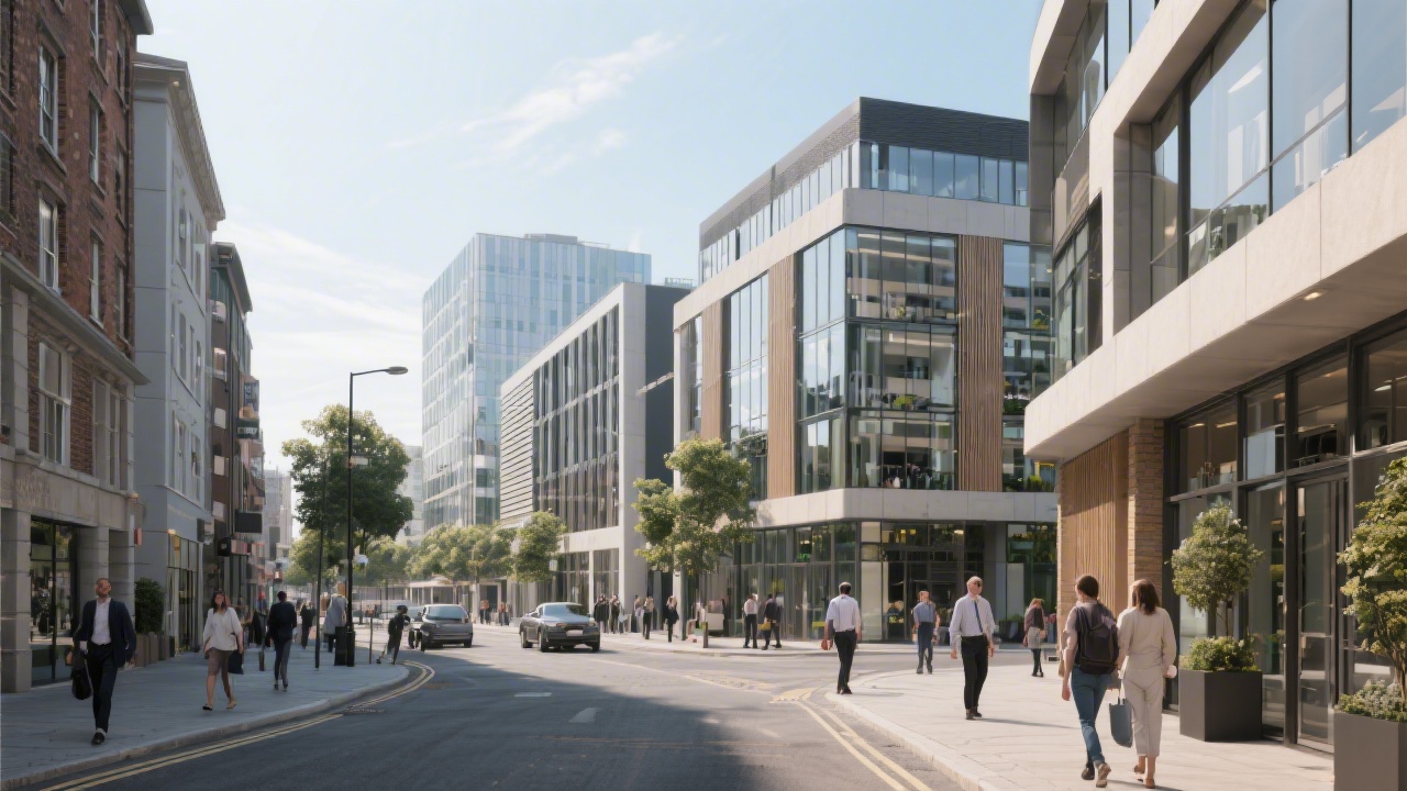 Street-level view of a modern Dublin neighborhood with contemporary office buildings and pedestrians, representing a professional learning environment.