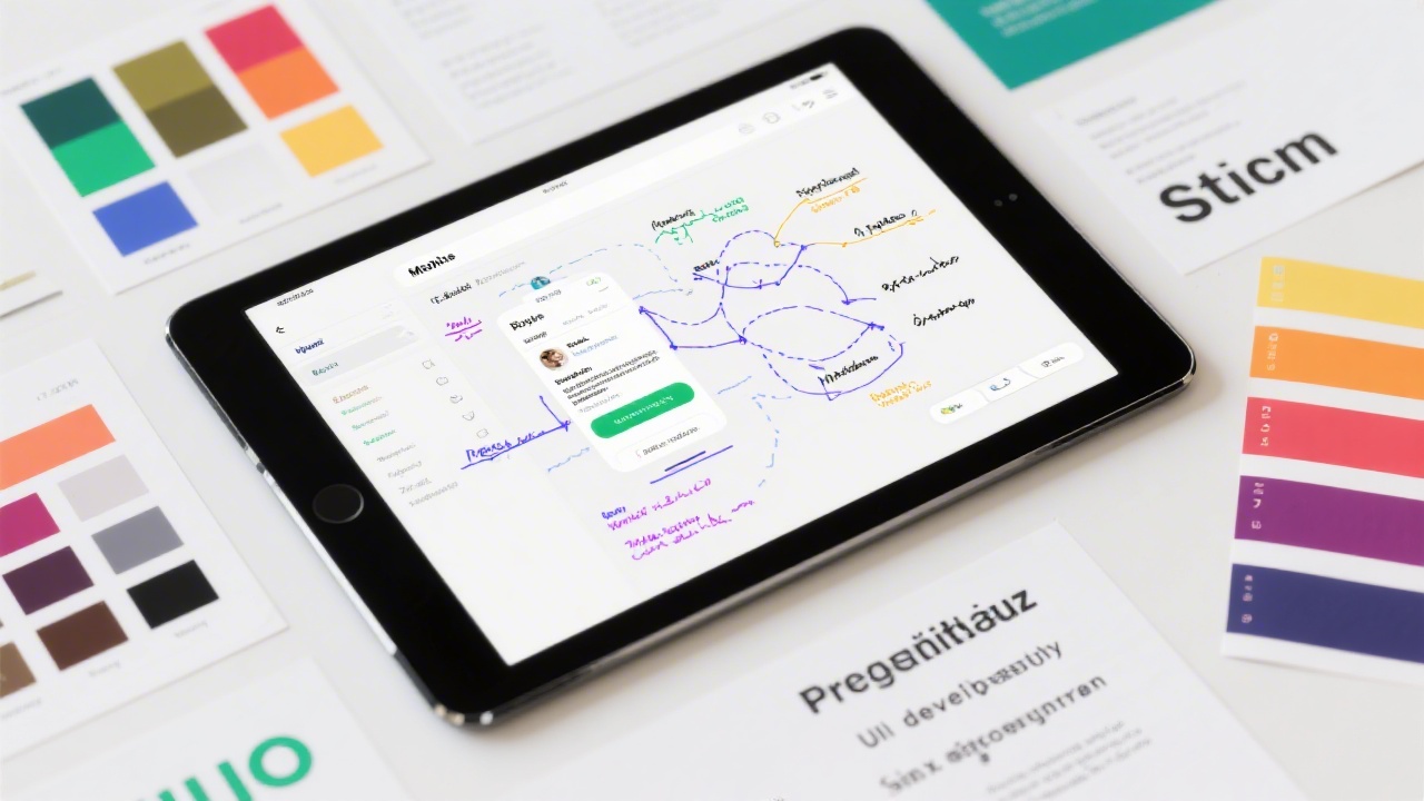 Mobile interface prototype displayed on a tablet with annotations, surrounded by color swatches and typography samples, indicating a structured UI development process.